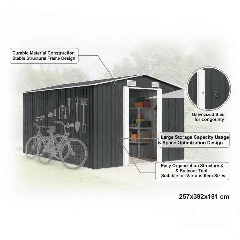 LARGE GARDEN STORAGE SHED - 257 × 392 × 181 cm - Anthracite Galvanized Steel