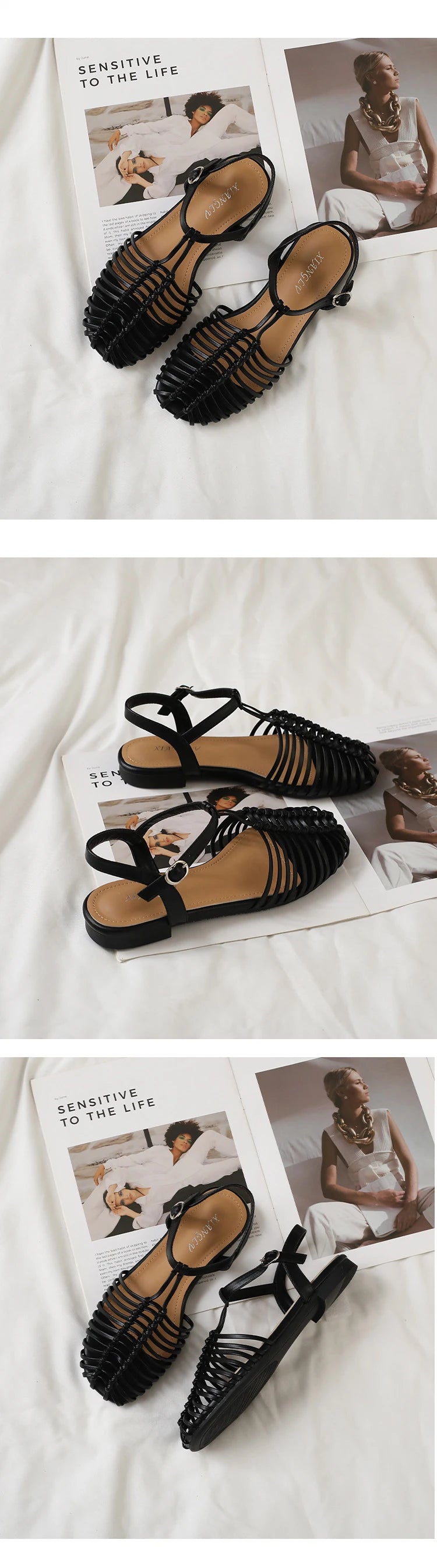 Band Flat Sandals Women Summer Round Toe Ankle Buckle Hollow Roman Sandal Plus Size Beach Shoe