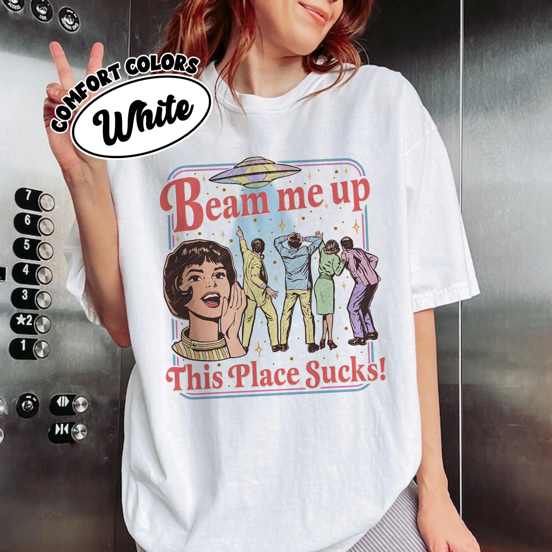 Fun Slogan 'Beam Me Up This Place Sucks' Retro UFO Crowd Print Funny Sci-fi Style' Loose Short Sleeved Women's T-shirt
