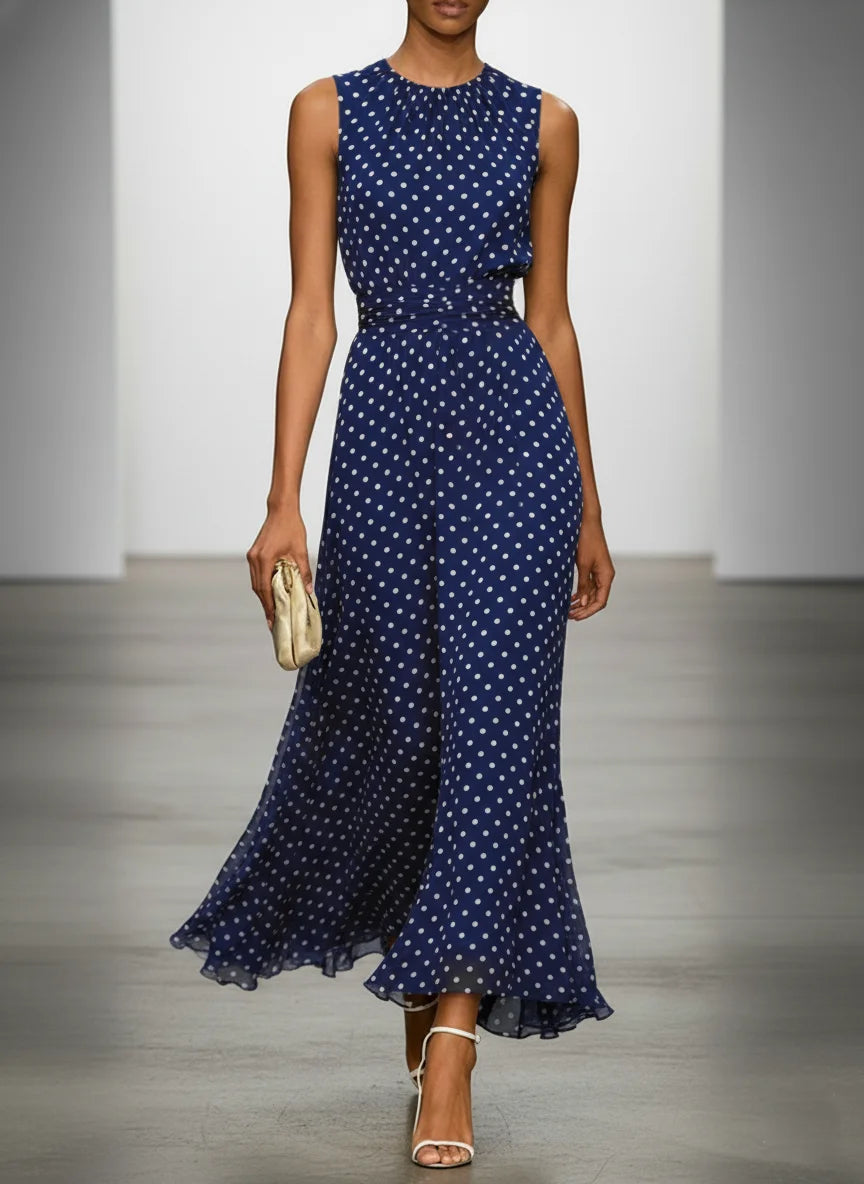 Women's Sleeveless Polka Dot A Line Chiffon Maxi Dress with Waist Tie for Summer Party