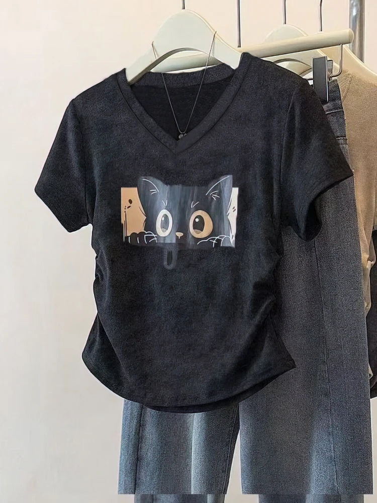 100% Cotton Washed Vintage Cat Print Short sleeve T shirt Women V neck Oversize Shirring Summer Top Lady Casual Tees