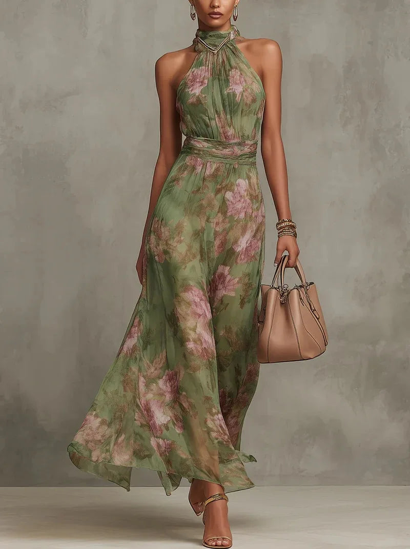Women's Green Floral Print Halter Maxi Dress Sleeveless High Neck Ruched Waist Chiffon Flowy Evening Party Dress