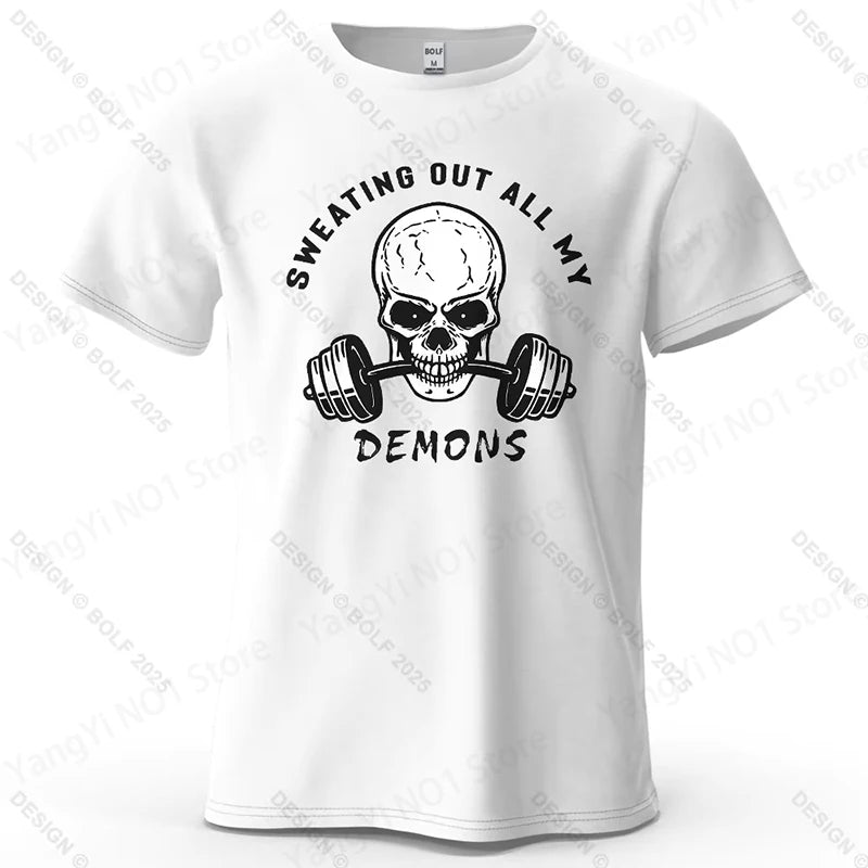 Fitness Skull Motivated Printed Men's T-Shirt 100% Cotton Oversized Gym Graphic Tees for Women Tops Tees Casual Streetwear T
