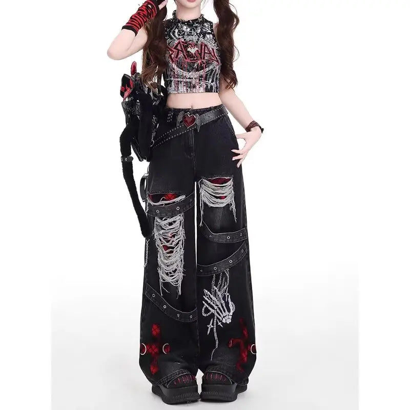 Gothic Punk Ripped Wide Leg Jeans - Spicy Girl Streetwear