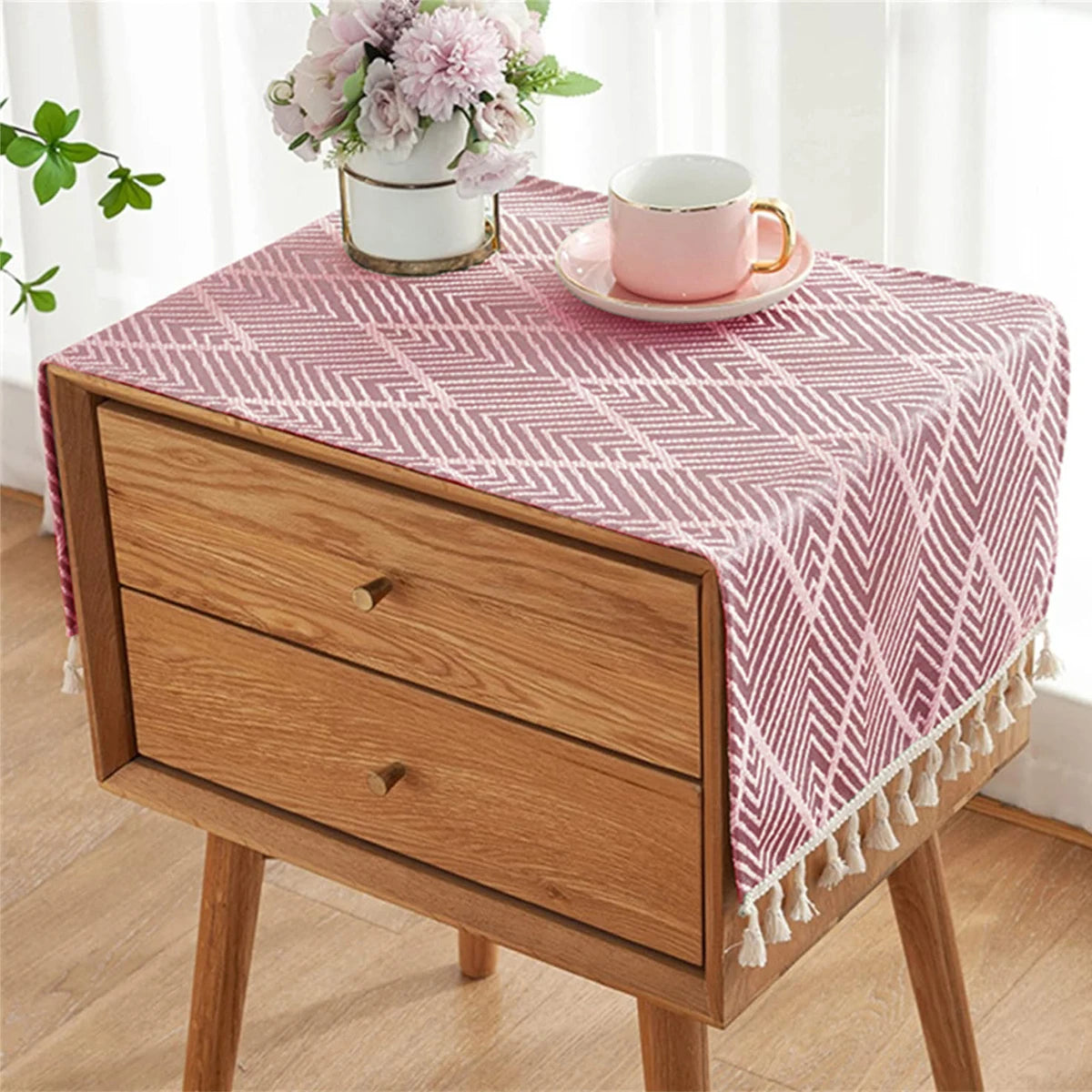 LINEN LOOK TABLE RUNNER - Geometric Weave, 4 Colors - Calm Surfaces