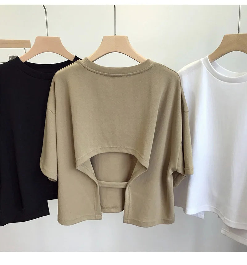 Summer Vintage Women's Short Sleeve Tee Korean Casual Backless Oversize T-Shirt Round Neck Short-Sleeved Crop Tops Y2k Brown Top