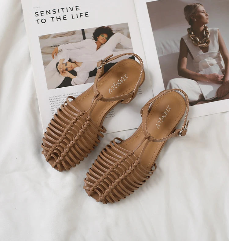 Band Flat Sandals Women Summer Round Toe Ankle Buckle Hollow Roman Sandal Plus Size Beach Shoe
