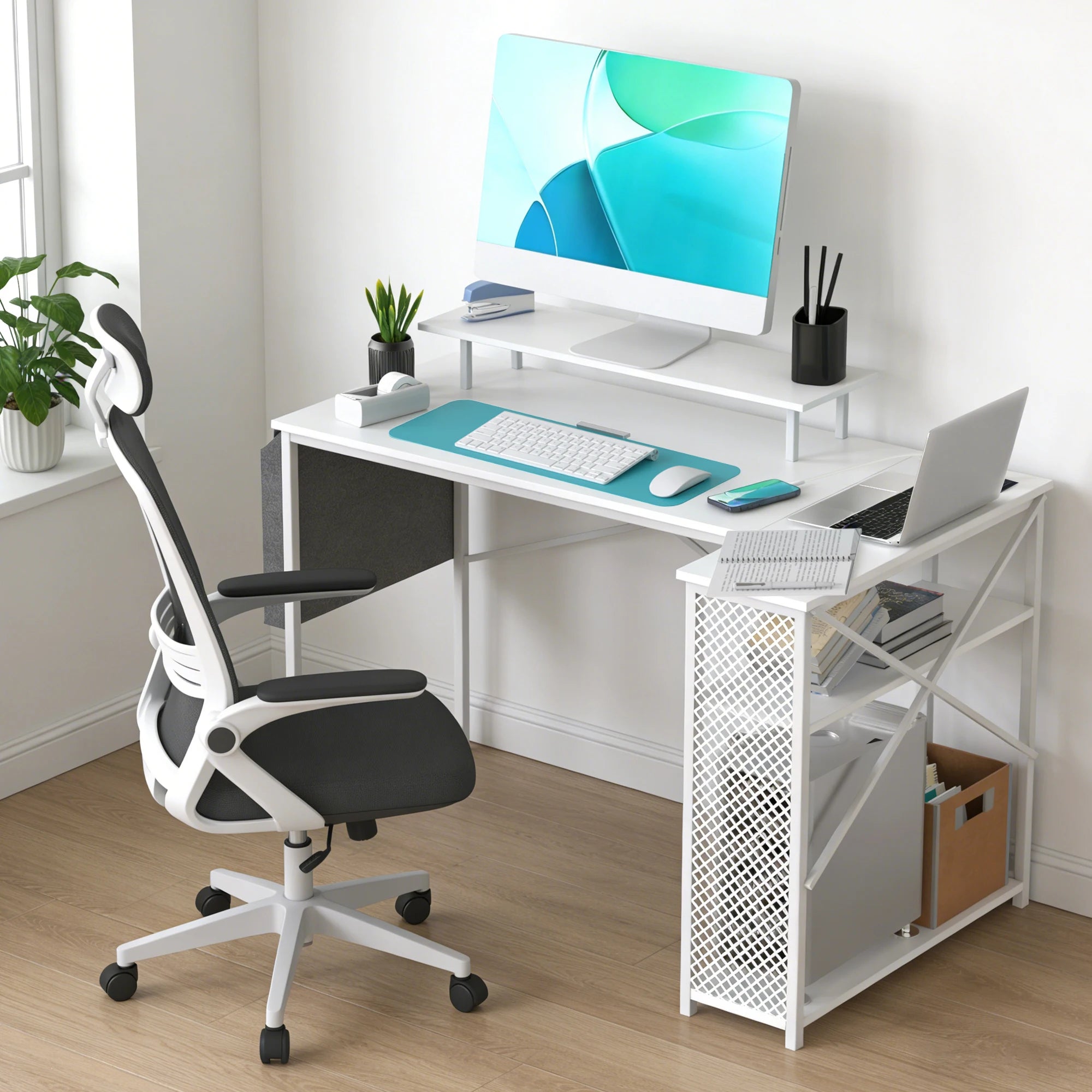 L-Shaped Corner Desk – Monitor Shelf, USB & Power Outlet
