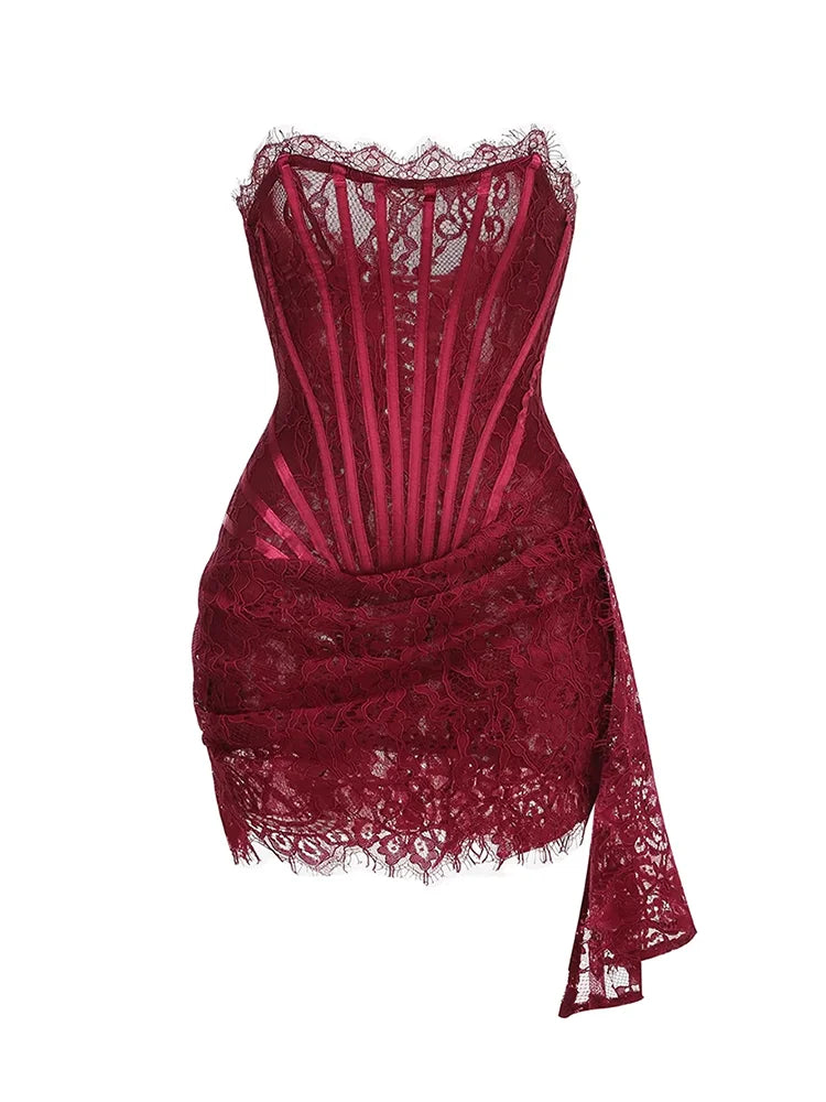 TARUXY Sexy Lace See-through Patchwork Corset Dress Female Bodycon Elegant Party MIrrgualr Mini Dress Women Tube Top Dress New