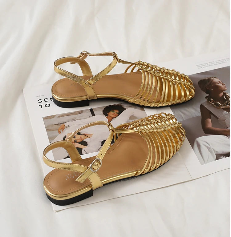 Band Flat Sandals Women Summer Round Toe Ankle Buckle Hollow Roman Sandal Plus Size Beach Shoe
