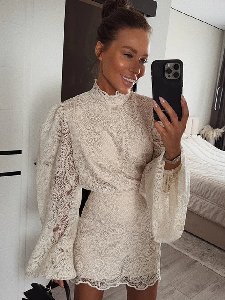 Trendy Lady Hollow Out Lace Mini Dress Elegant 2025 New Long Sleeve Designs Chic High Neck Short Vestidos Autumn Club Night Gown