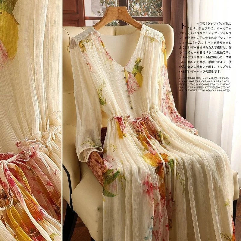 High End Floral Slimming Dress for Women's Spring and Summer 2025 New Print V-neck Oversized Vacation Long Skirt Over the Knee