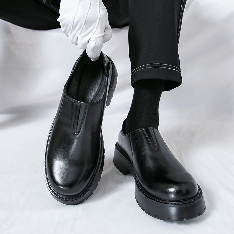 Men's Cowhide Loafers - Thick Sole Round Toe Breathable Casual Leather Shoes