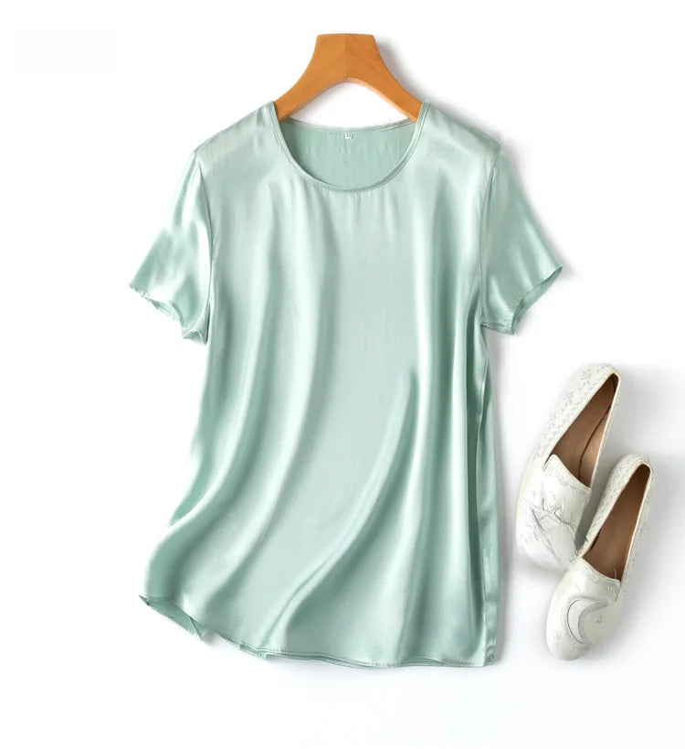 100% Mulberry Silk 19 Momme Charmeuse Silk Women Tank Top T-shirt Short Sleeve Shirt Blouse Solid Colors Summer M L XL AA4270