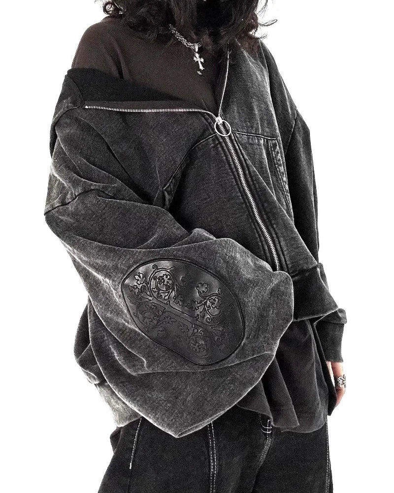 Gothic washed embroidered men's retro hip-hop Y2K zip-up hoodie, fashionable street style, pure cotton, oversized couple's sportswear