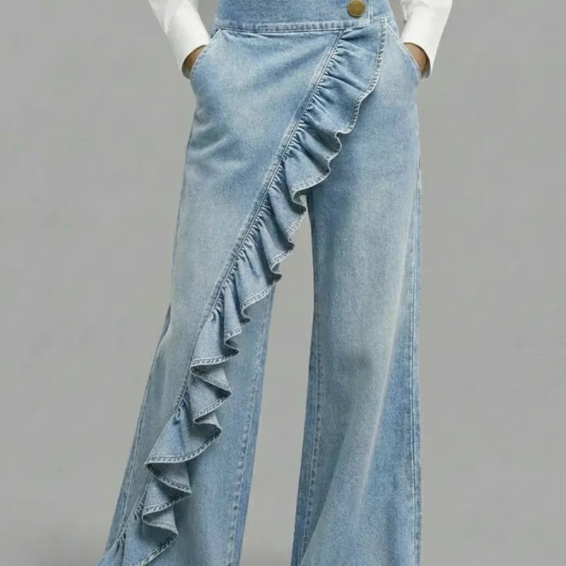 KIDCRKJ Spring American Style Loose Irregular Splicing High Waisted A-line Wide Leg Jeans For Women Spring 2026 New