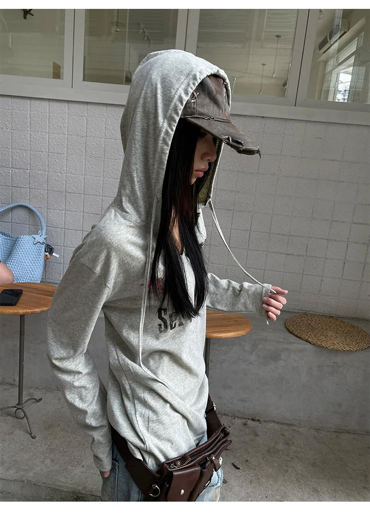 Genayooa Vintage Graphic Tops Women Long Sleeve Y2k Japanese T Shirt With Hooded Streetwear American Retro Grunge Tops E-girls
