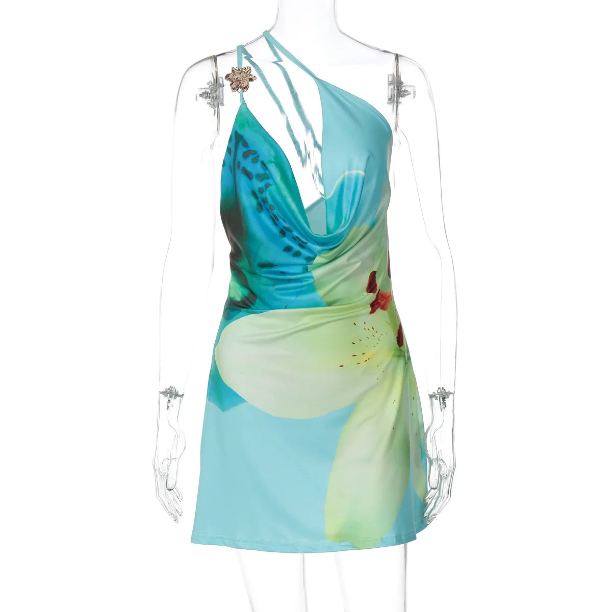 TARUXY One-shoulder Sexy Printed Dress Draped Swinging Collar Beach Vacation Mini Dress Elegant Sleeveless Female High Waist