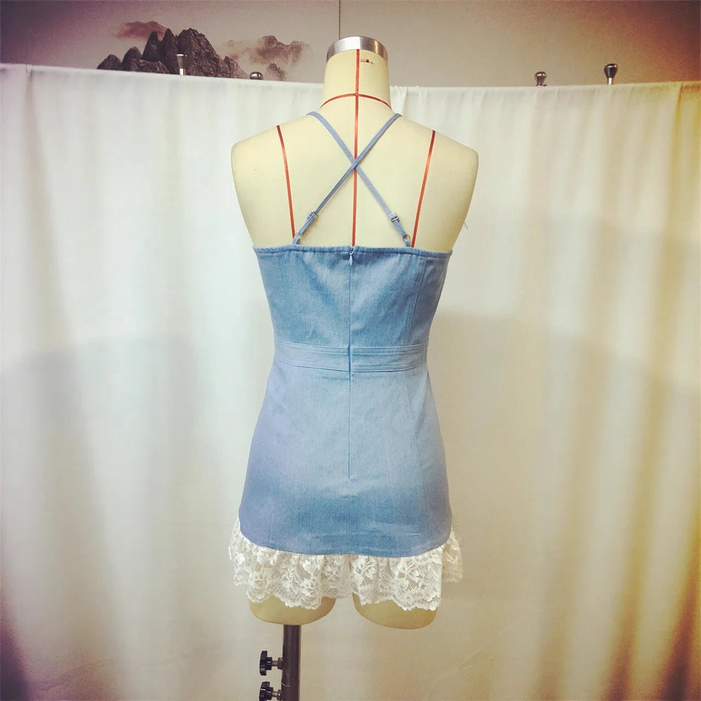 Sexy Lace Denim Sleeveless Suspender Patchwork Dress High Waist Mini Dress Lace-up Ruffled Denim Elegant A-Line Party Dresses