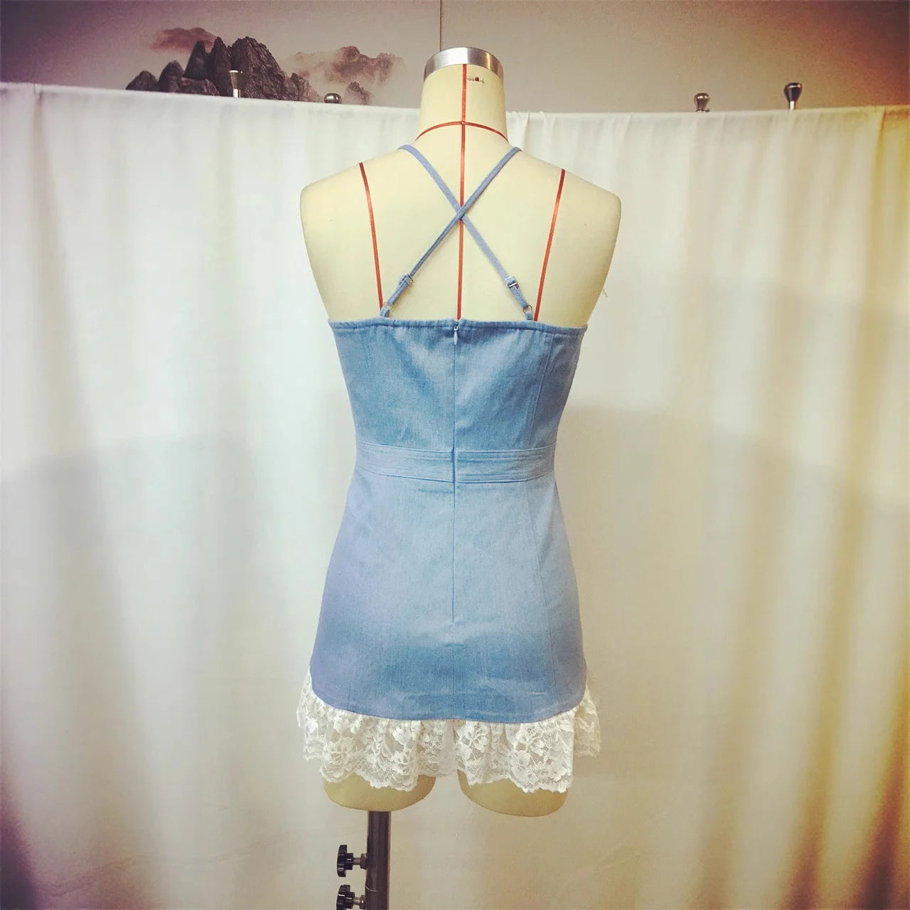 Sexy Lace Denim Sleeveless Suspender Patchwork Dress High Waist Mini Dress Lace-up Ruffled Denim Elegant A-Line Party Dresses