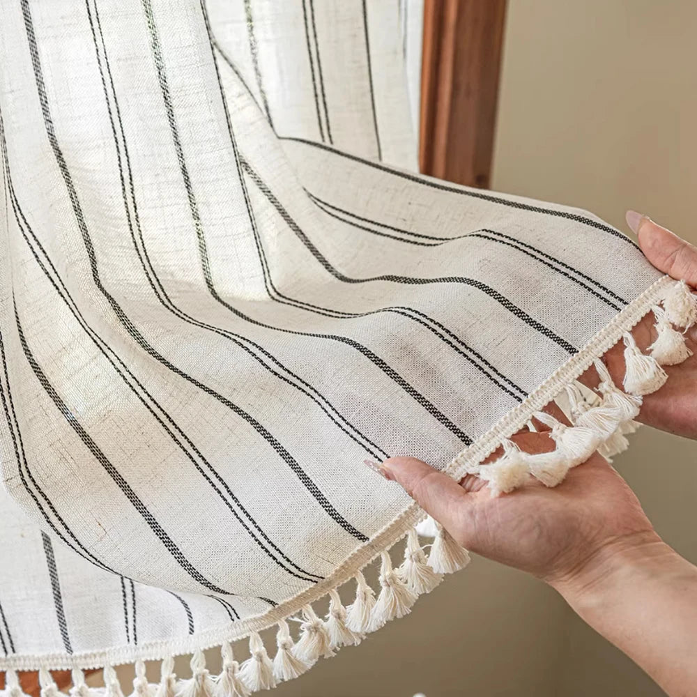 Japanese Style Linen Cotton Curtain, Tassel Fringe Pattern, Coffee Lace Curtains, Farmhouse Balcony Half Curtain, Korean Partiti
