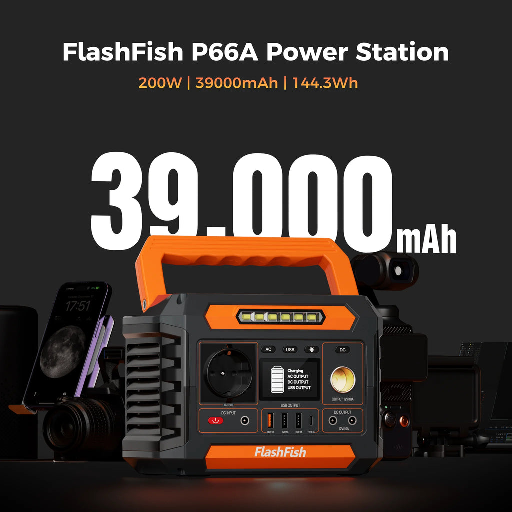 FLASHFISH P66A POWER STATION - 200W, 144Wh + 100W Solar - Portable Backup