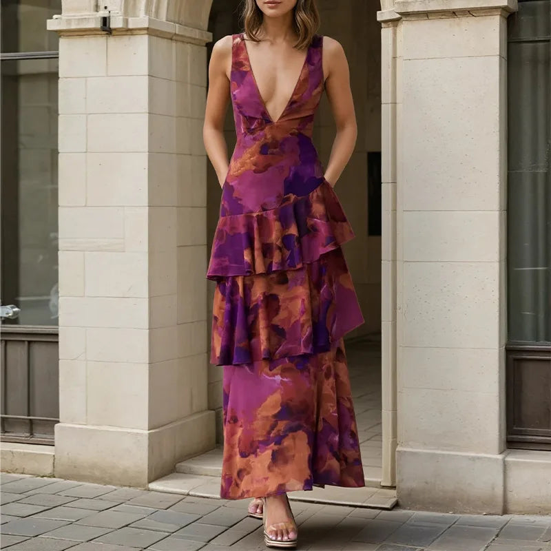 2026 Spring new women's clothing Cross-border European and American dresses Elegant plant-printed suspender cake dress