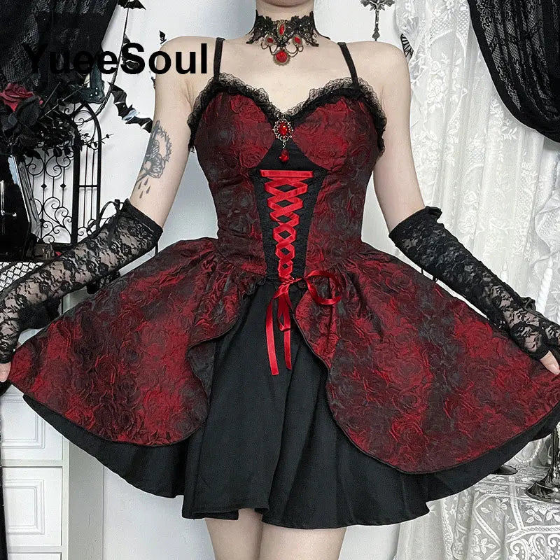 Grunge Gothic Women Dress Lace Trim High Waist Bodycon Mini Dress 2026 New E-girl Vintage Punk Harajuku Lolita Party Clothes