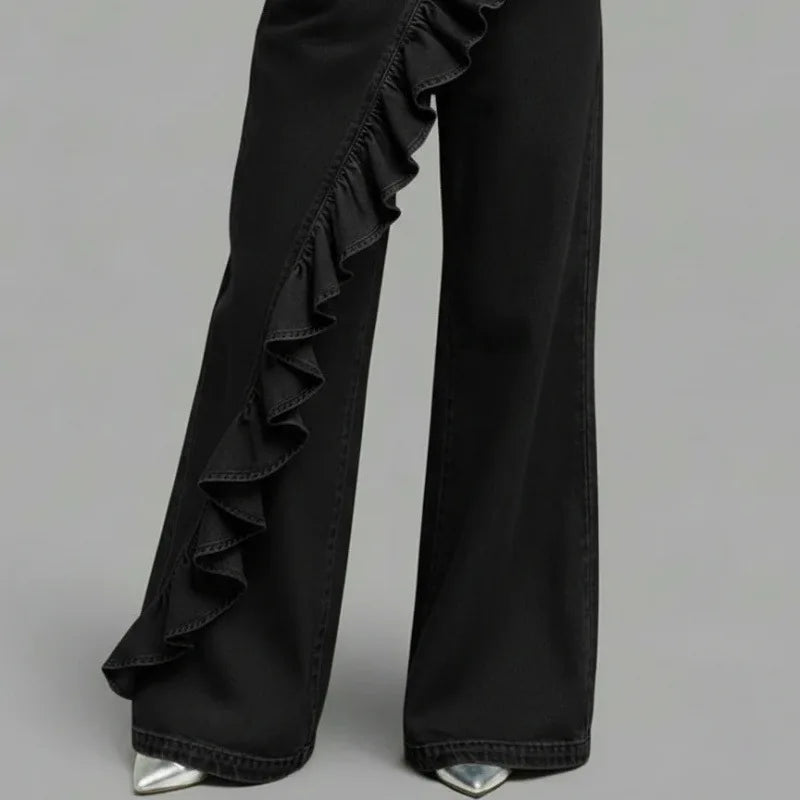 KIDCRKJ Spring American Style Loose Irregular Splicing High Waisted A-line Wide Leg Jeans For Women Spring 2026 New