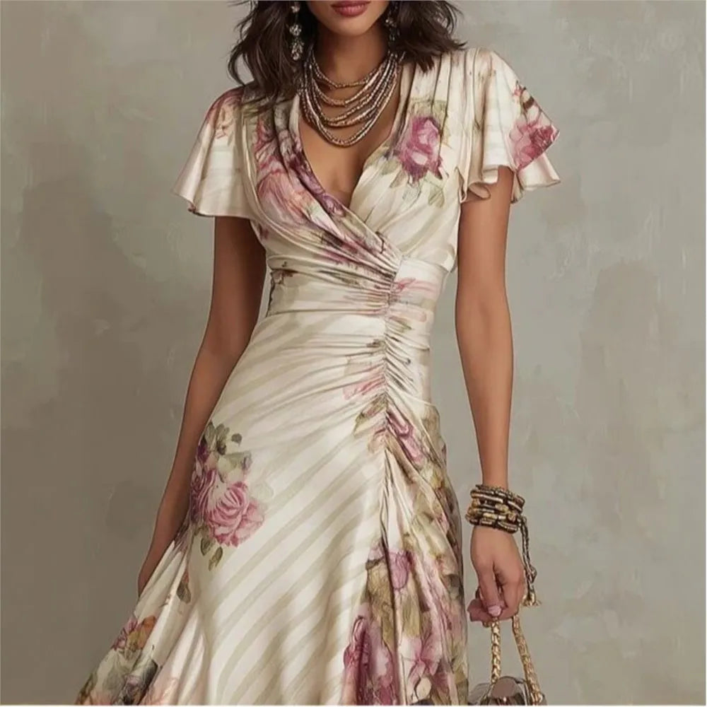 Fashion Print Sexy Deep V Neck Ruffle Short Sleeve Women's Dress Summer Fashion Pleated Slim Elegant Female Party Dresses 2026