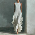 Retro Solid Sleeveless Long Dress Women 2026 Fashion O Neck Loose Maxi Dress Summer Ruffle Hem Tank Boho Beach Dress Sundress