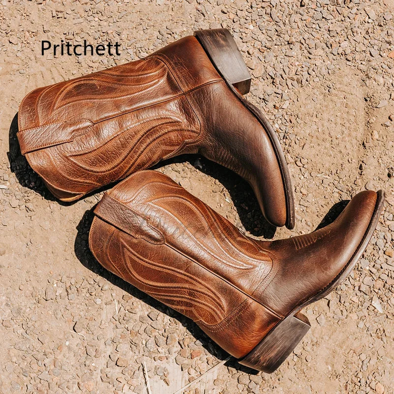 Men's Totem Western Cowboy Boots - Genuine Leather Mid-Calf Slip-On Waterproof Retro