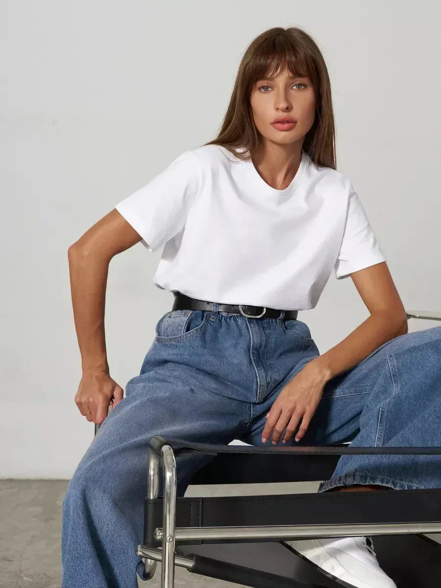 Bornladies Summer 100% Cotton Women's T-shirt Basic Fashionable Solid Lady Short Sleeve Loose Tops 230g/㎡