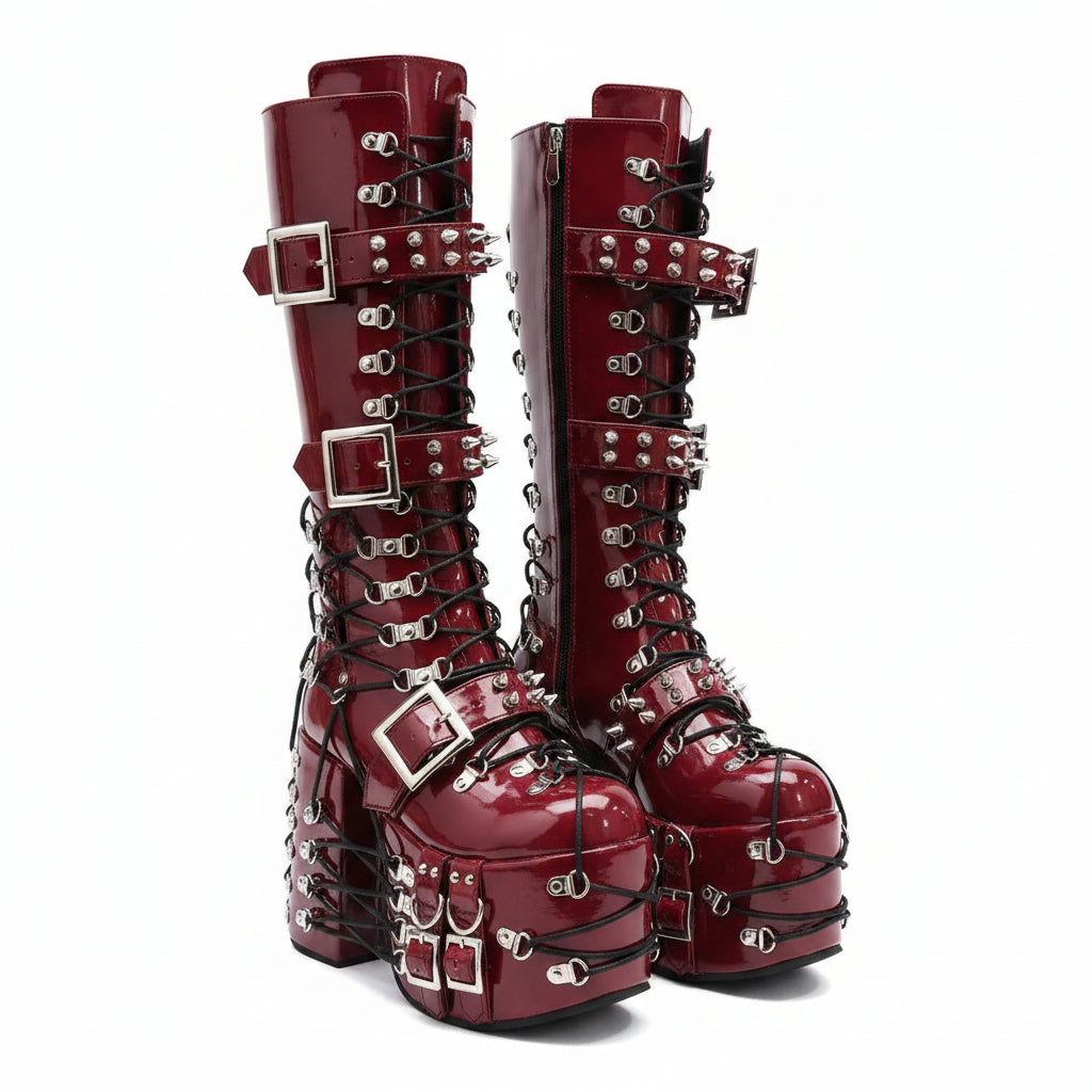 Y2K Gothic Platform Knee-High Boots – Lace-Up