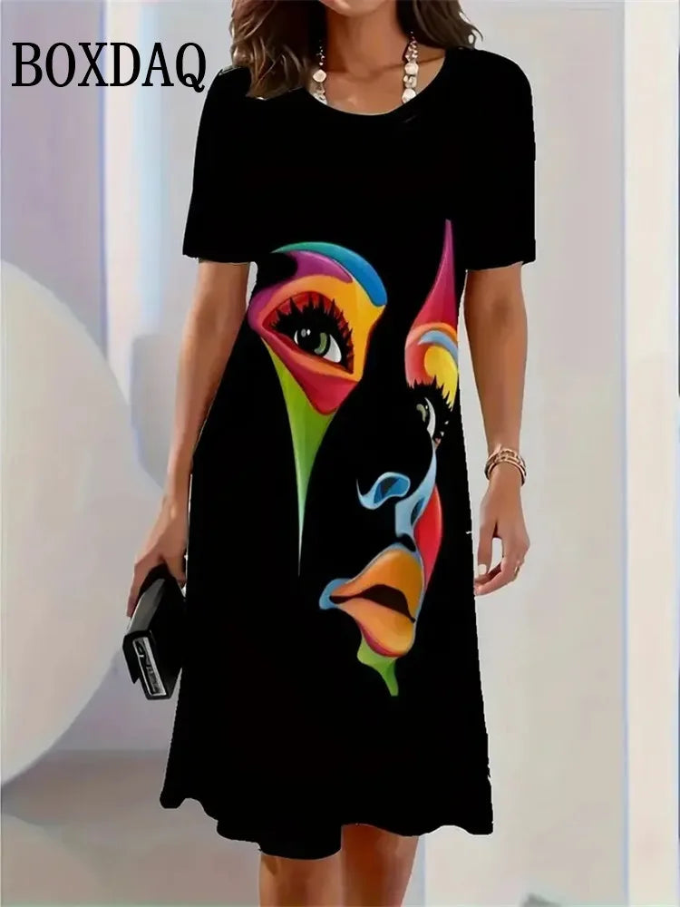 2025 Summer Women's Clothing Art Face Painting Print Women Casual Loose Short Sleeve Dresses Fashion Women Plus Size Dresses 9XL