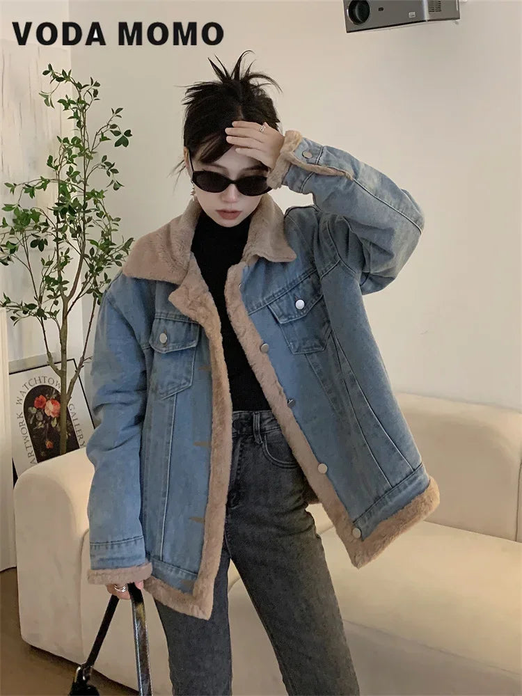 Fur Collar Denim Jacket – Fleece Lined Retro Casual