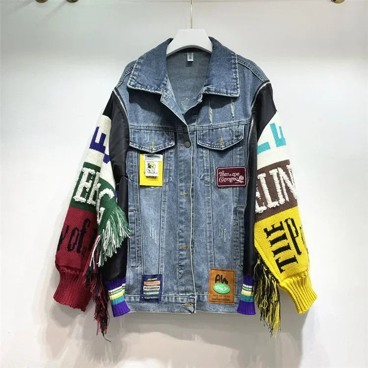 Embroidered Denim Jacket - Knitted Sleeves & Tassels