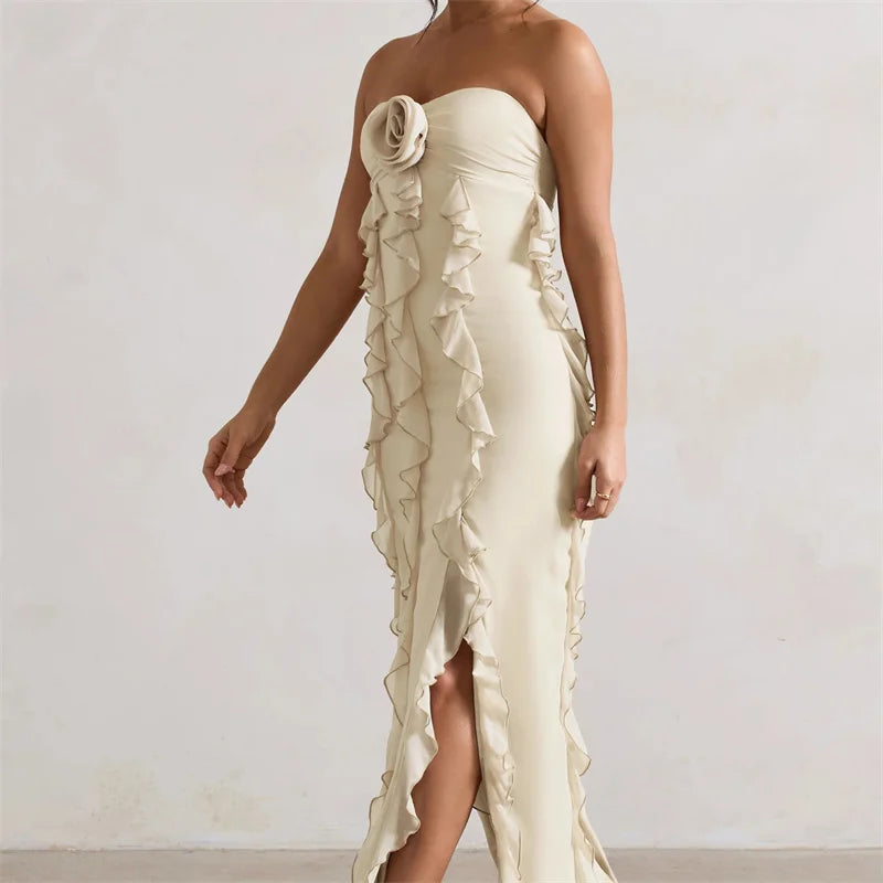 Mint green strapless 3D floral slit evening dress, fitted bodycon dress for dates, vacations, and parties