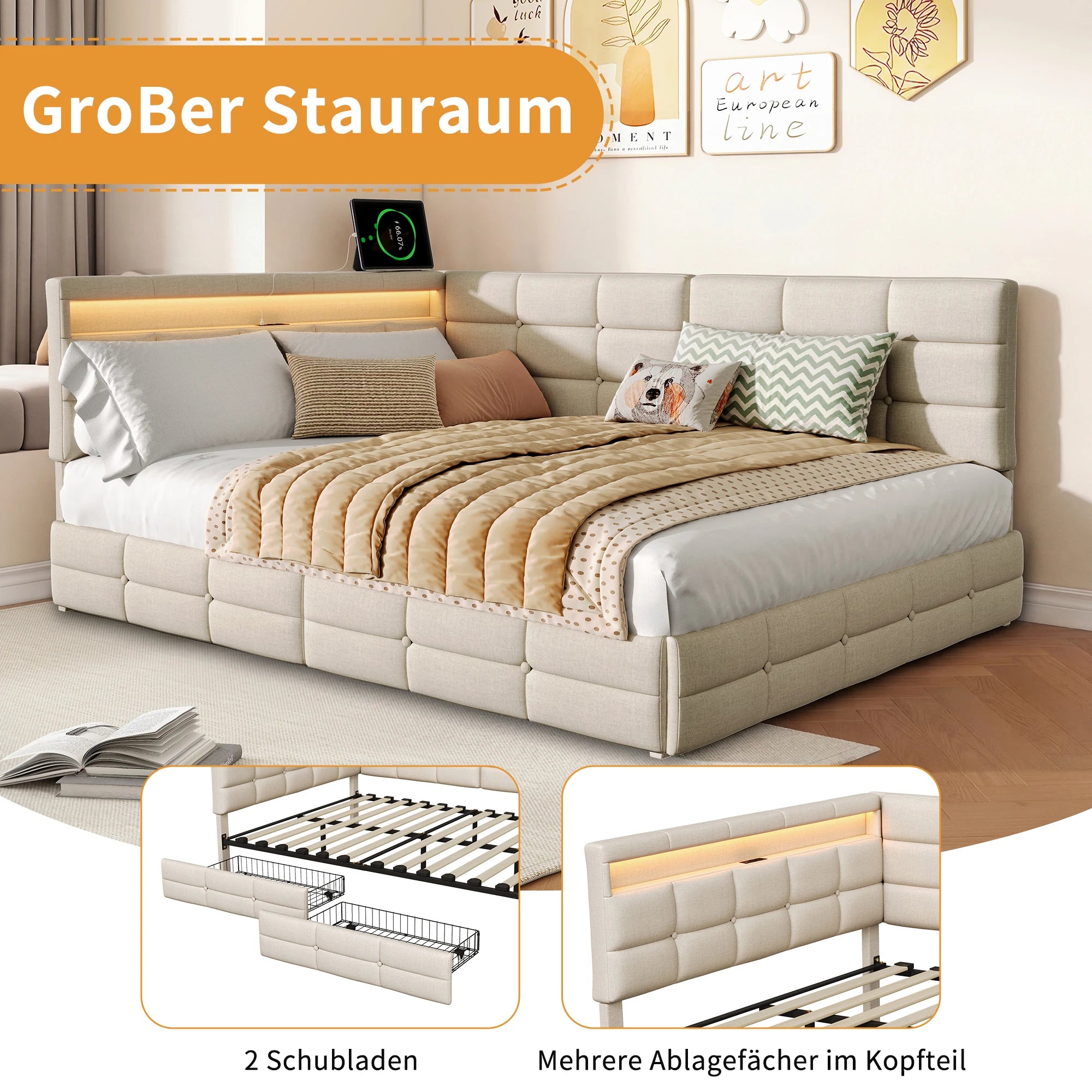 L-Shaped Upholstered Bed Frame – USB, LED & Storage
