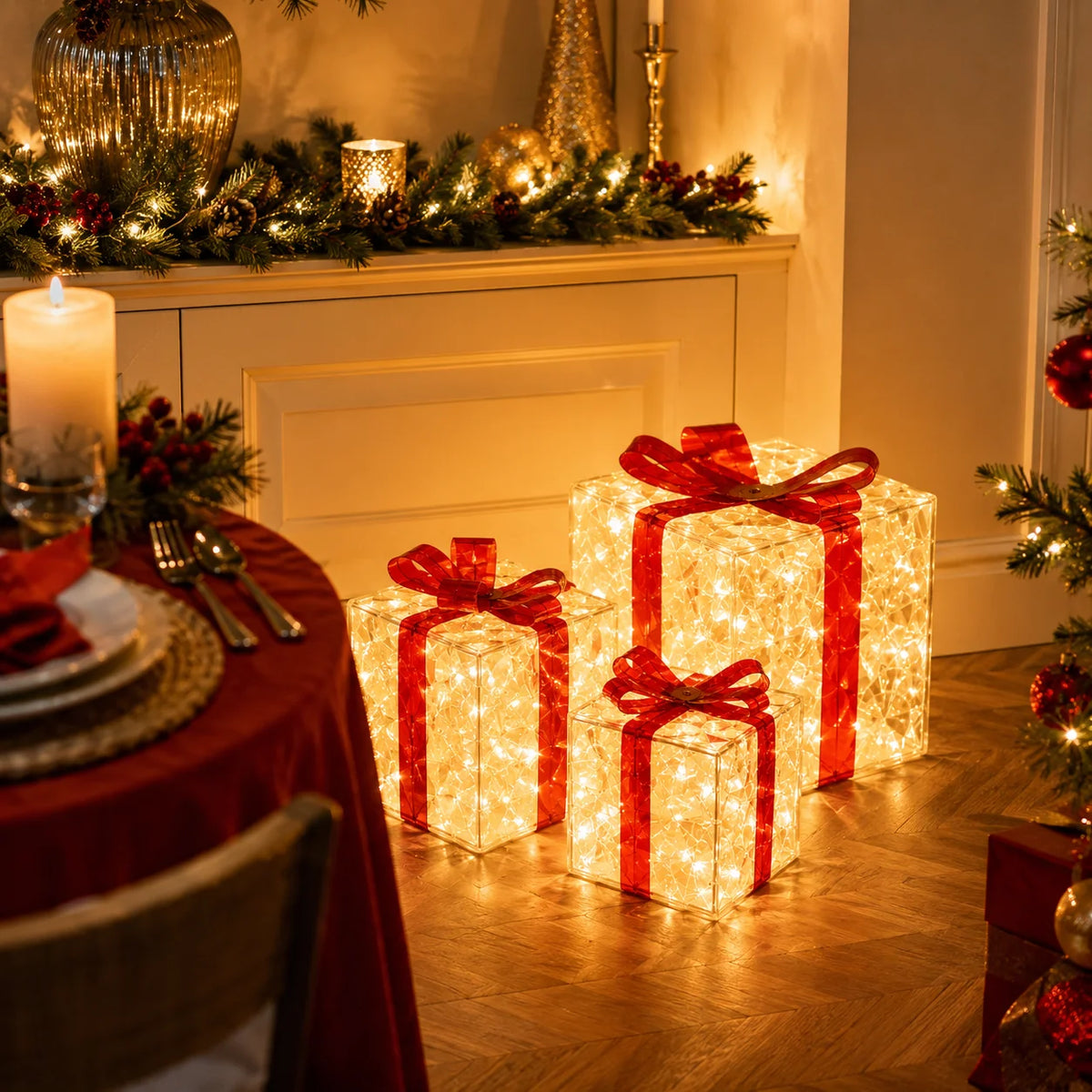LED Christmas Gift Boxes - 3-Piece Set - Warm Holiday Glow