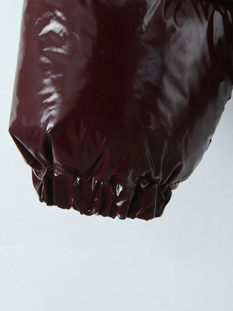 Glossy Hooded Parka – Y2K Stand Collar Zip Long Sleeve