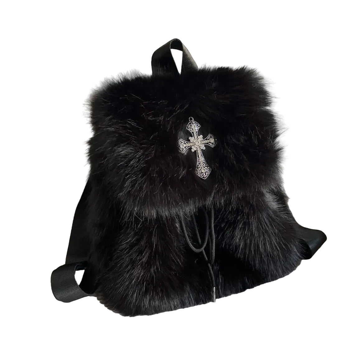 Black Plush Backpack Y2K Gothic Cross Fluffy Fur Backpack