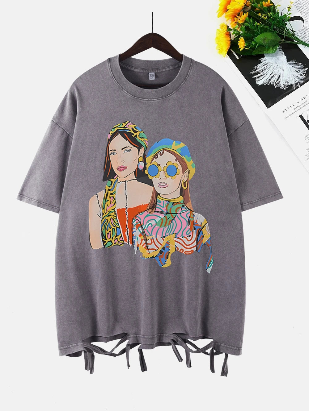 City Girls Art Print Washed T-Shirt - Oversize Acid Black