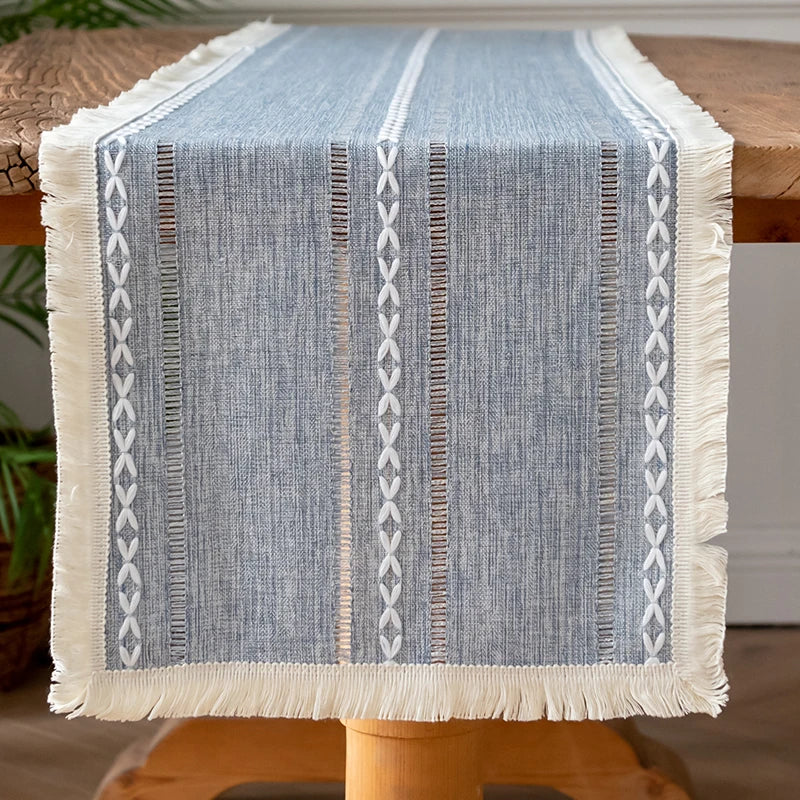 Farmhouse Table Runner Grey Blue 13x72 Inch Cotton Linen Embroidered Striped Boho Wedding Party Rustic Home Christmas Decoration