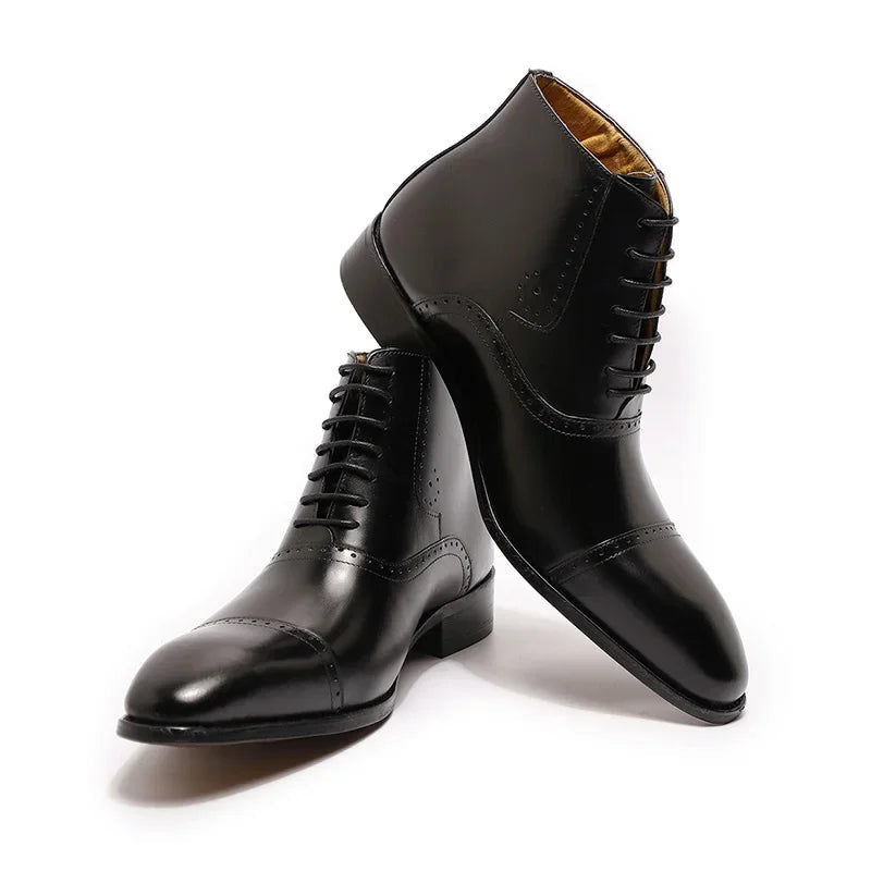 Men's Genuine Leather Oxford Ankle Boots - Brogue Cap Toe Lace-Up Dress Boots