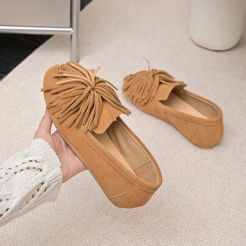 AIYUQI Women's Flat Shoes Genuine Leather 2026 New Tassel Women's Loafers Large Size Ballet Mary Jane Shoes For Women