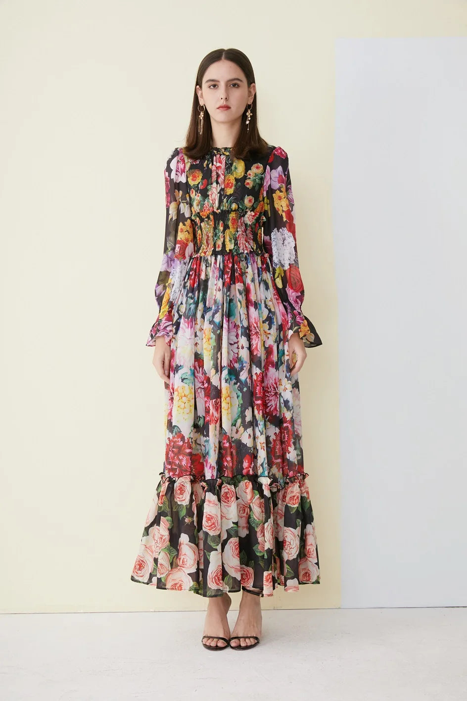 Ladies Elegant Floral Print Long Sleeve Dress Summer Beach Chiffon Ruffled Collar Dress Elegant Elasticity Waist A-Line Sundress