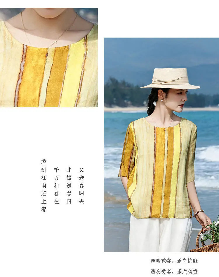 100% Linen Women Casual T-shirts New Arrival 2026 Summer O-neck Striped Loose Comfortable Female Half Sleeve Tops Tees M2571