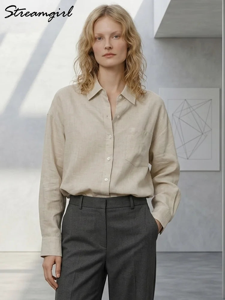 Streamgirl Summer White Linen Shirts For Women Oversized Long Sleeve Tops Lady Loose Basic Linen Tops Women Blue Shirts Oversize