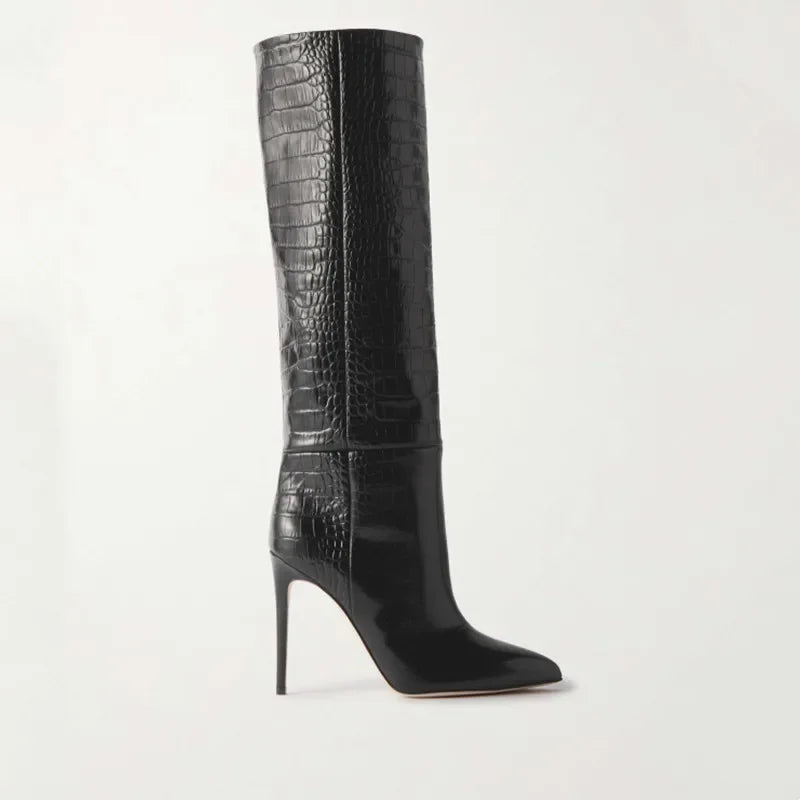 Croc-Embossed Knee-High Stiletto Boots